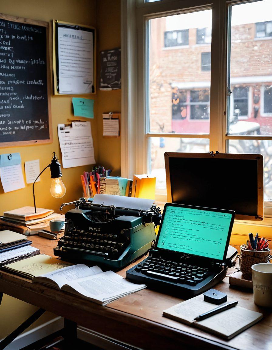 A creative workspace filled with an assortment of tools: a vintage typewriter, colorful notebooks, and a glowing laptop screen displaying an article in progress. In the background, a large chalkboard with mind maps and light bulbs to symbolize ideas. Soft natural light streaming through a window, creating an inspiring atmosphere. Artistic elements include scattered pens and a steaming coffee cup. vibrant colors. cozy artistic style.