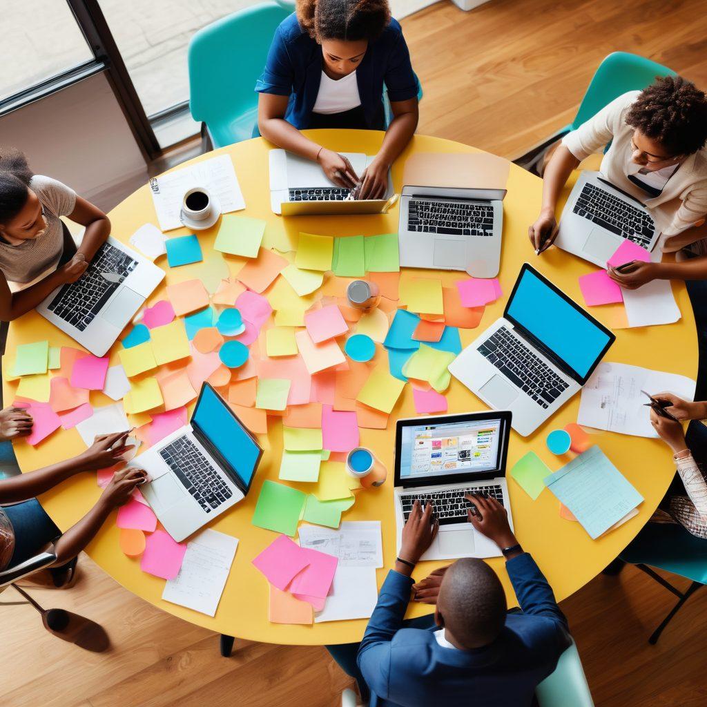 A vibrant scene depicting a diverse group of people gathered around a large round table, each working on laptops and exchanging ideas, with colorful sticky notes and coffee cups scattered around. In the background, visual representations of different blog themes like food, travel, and technology float around, symbolizing community engagement. Bright and inviting atmosphere with warm lighting. super-realistic. vibrant colors.