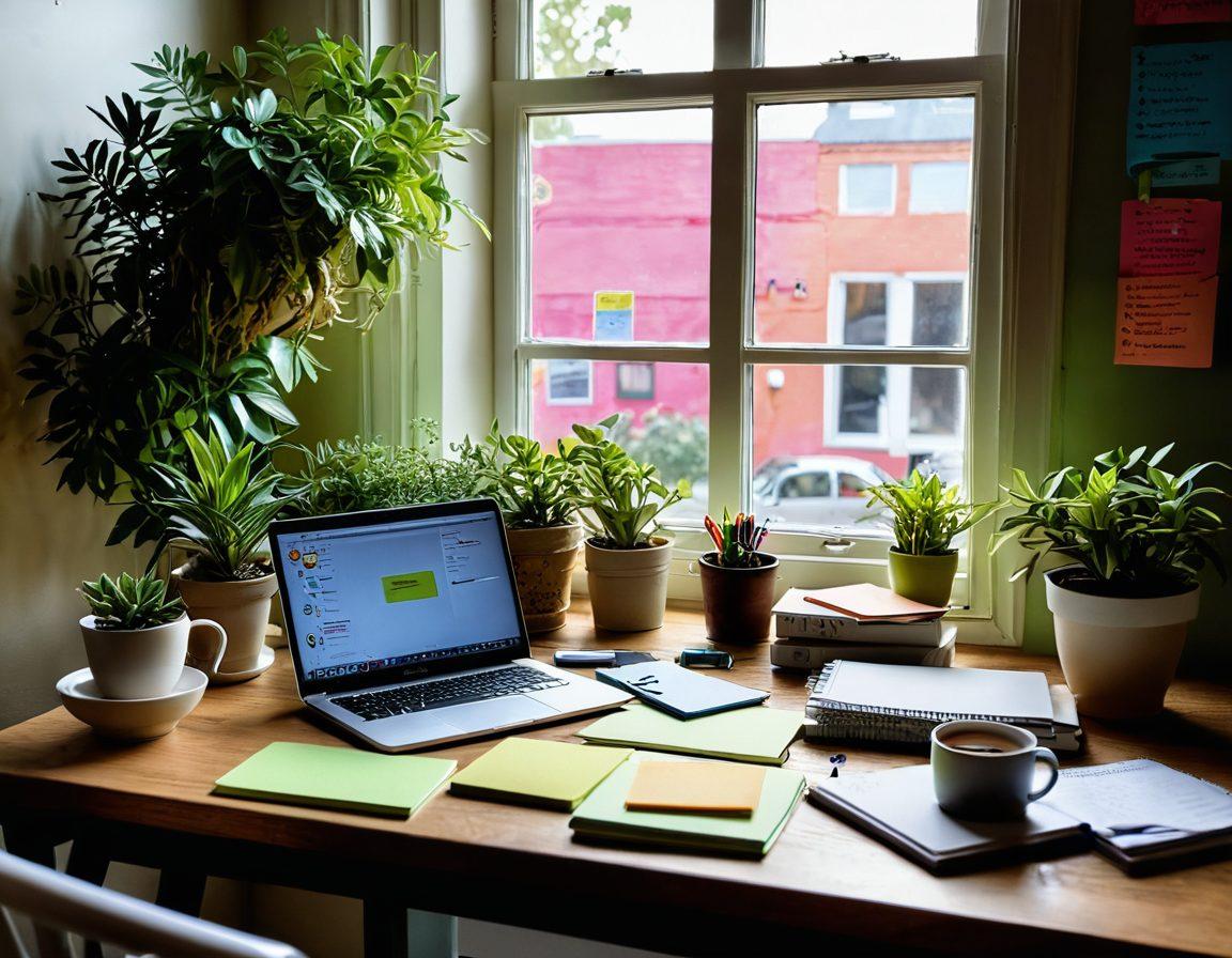 A whimsical, inviting workspace filled with scattered notebooks, vibrant post-it notes, and colorful pens, sunlight streaming through a window and illuminating the space. A coffee cup sits next to a laptop with creative blog ideas displayed on the screen. The room has green plants to inspire freshness, and a wall with inspiring quotes. super-realistic. vibrant colors. cozy atmosphere.